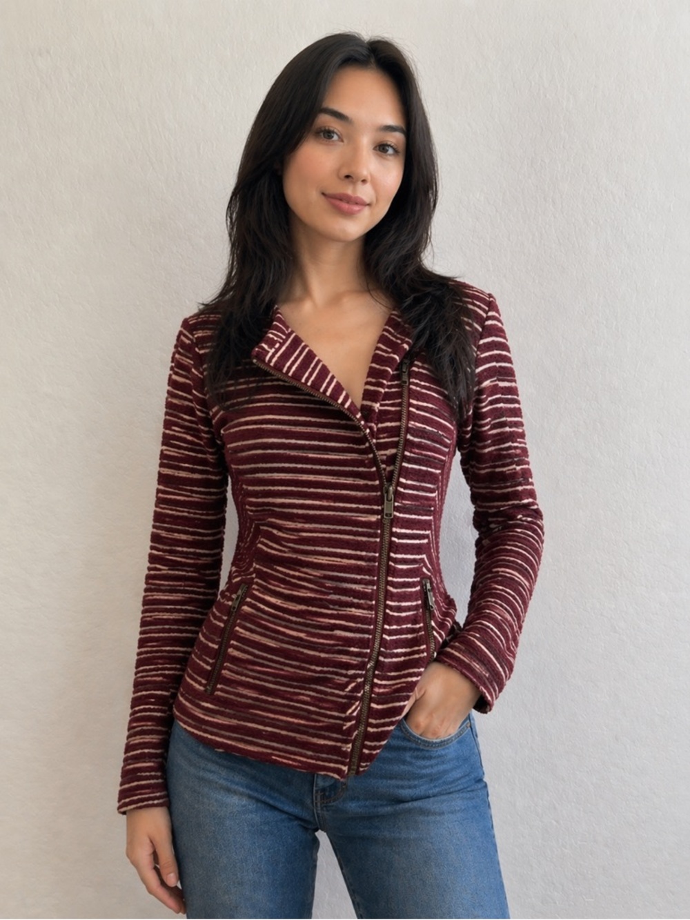 Lucky Brand Burgundy and Cream Striped Zip-Front Blazer